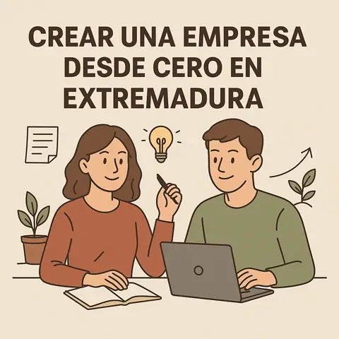 Ilustración de Mijina para el artículo sobre crear una empresa en Extremadura, con elementos gráficos relacionados con emprendimiento y negocio.