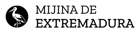 Logotipo horizontal en blanco de Mijina de Extremadura sin eslogan, pensado para adaptarse a diseños sencillos y claros.