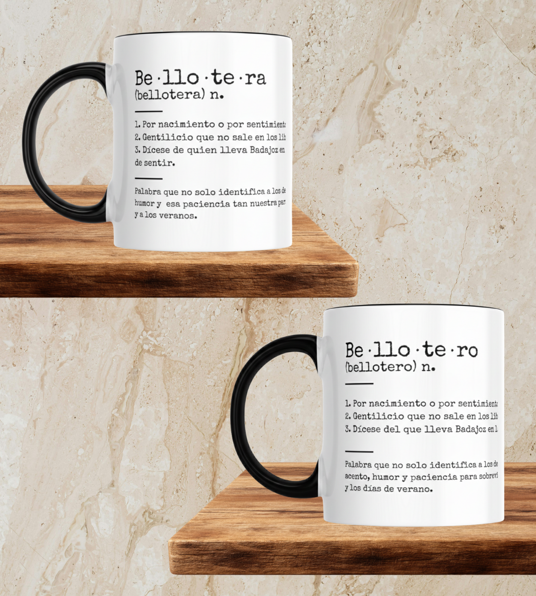 Fotografía de la taza bellotera y bellotero de Mijina en vista frontal, destacando el mensaje y la ilustración principal del diseño.