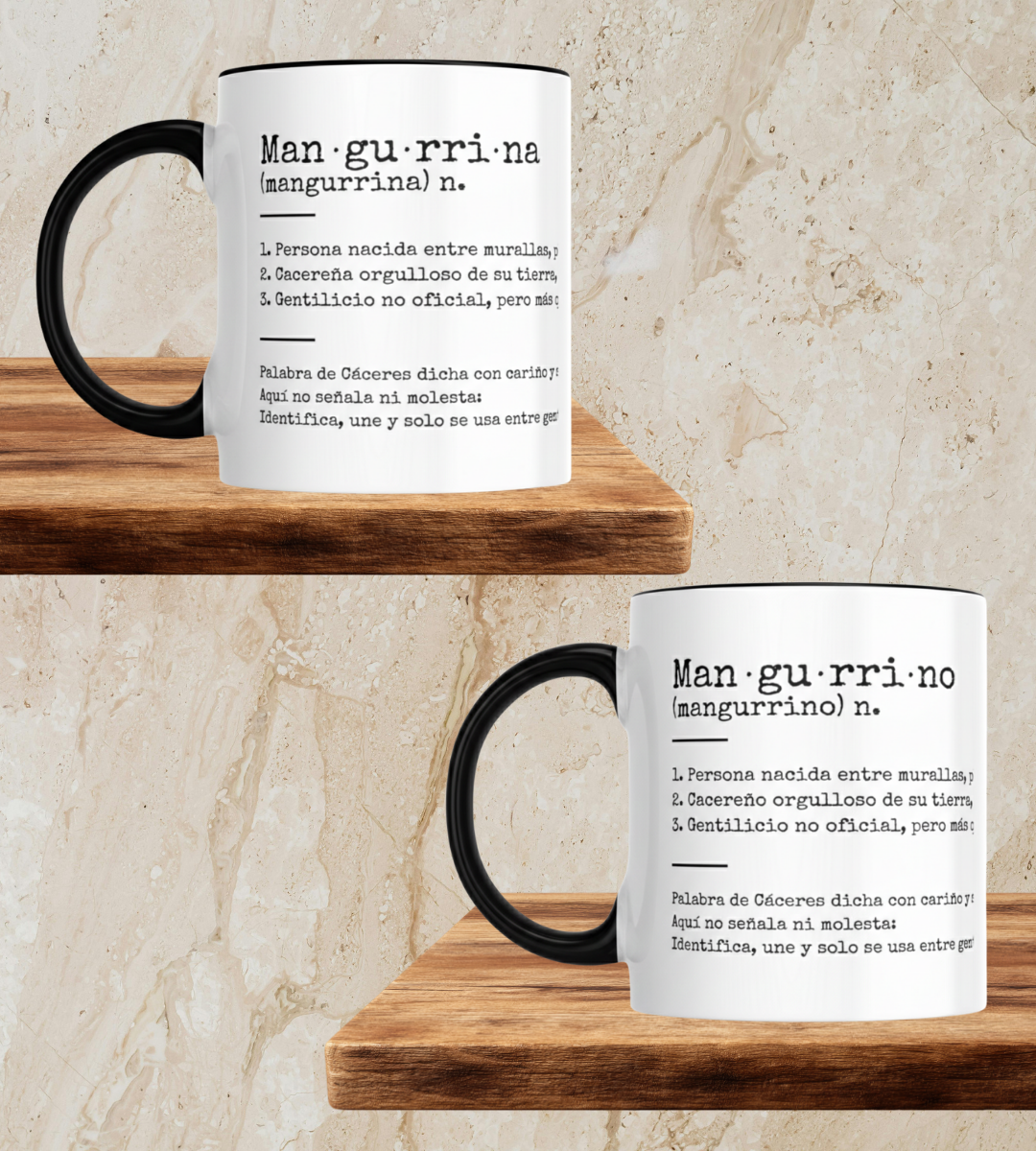 Fotografía de la taza mangurrina y mangurrino de Mijina en vista frontal, destacando el mensaje y la ilustración principal del diseño.