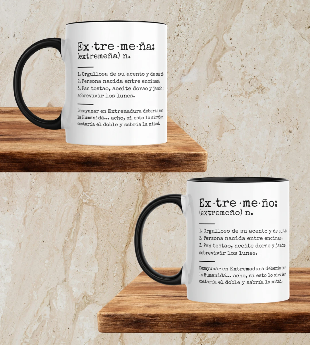 Fotografía de la taza extremeña y extremeño de Mijina en vista frontal, destacando el mensaje y la ilustración principal del diseño.