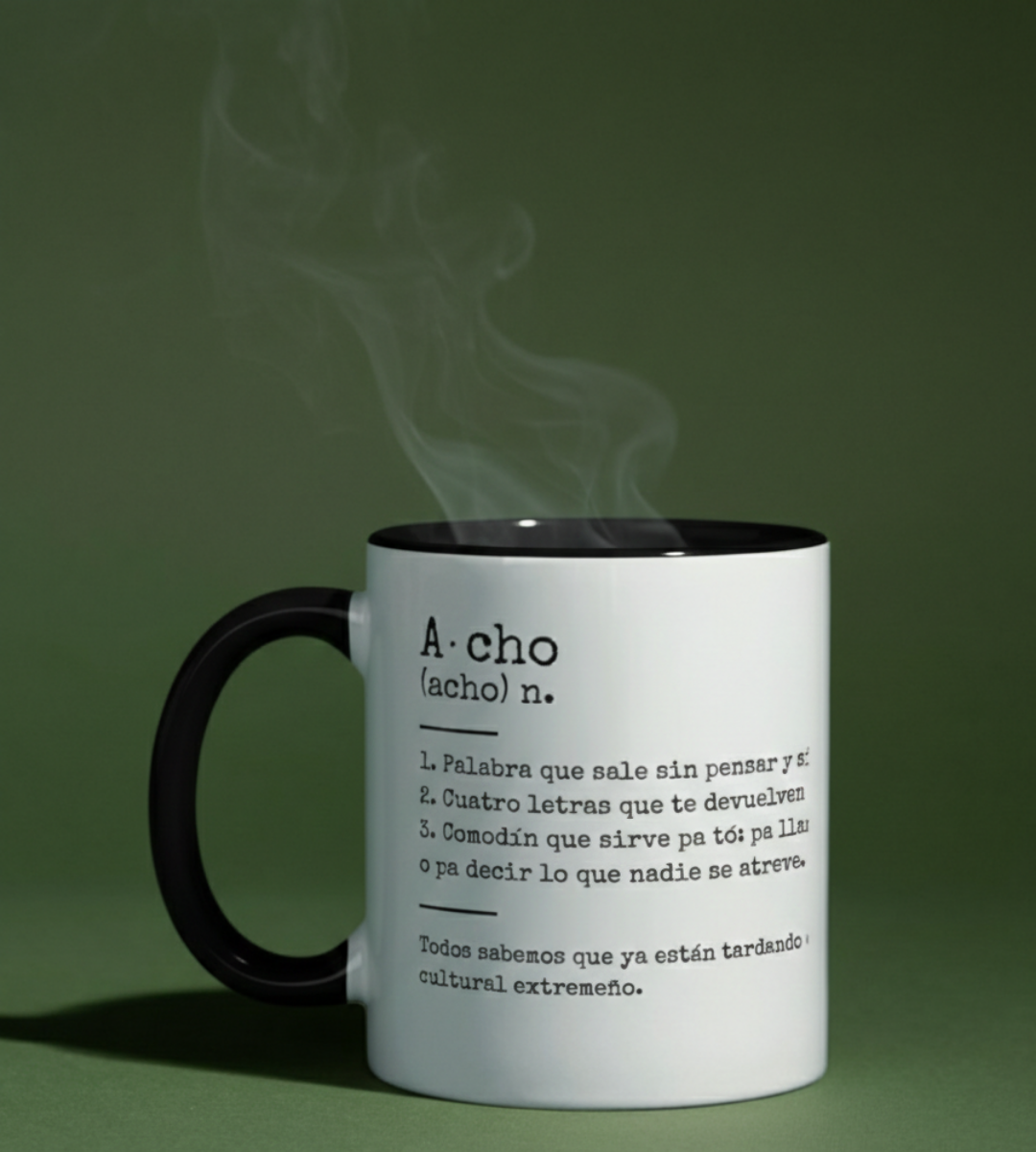 Imagen de la taza con frase en extremeño de Mijina sobre mesa con fondo cálido, transmitiendo un ambiente cercano y familiar.