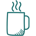 Icono circular verde con una taza de café, utilizado para señalar la categoría de tazas ilustradas de Mijina en la web.
