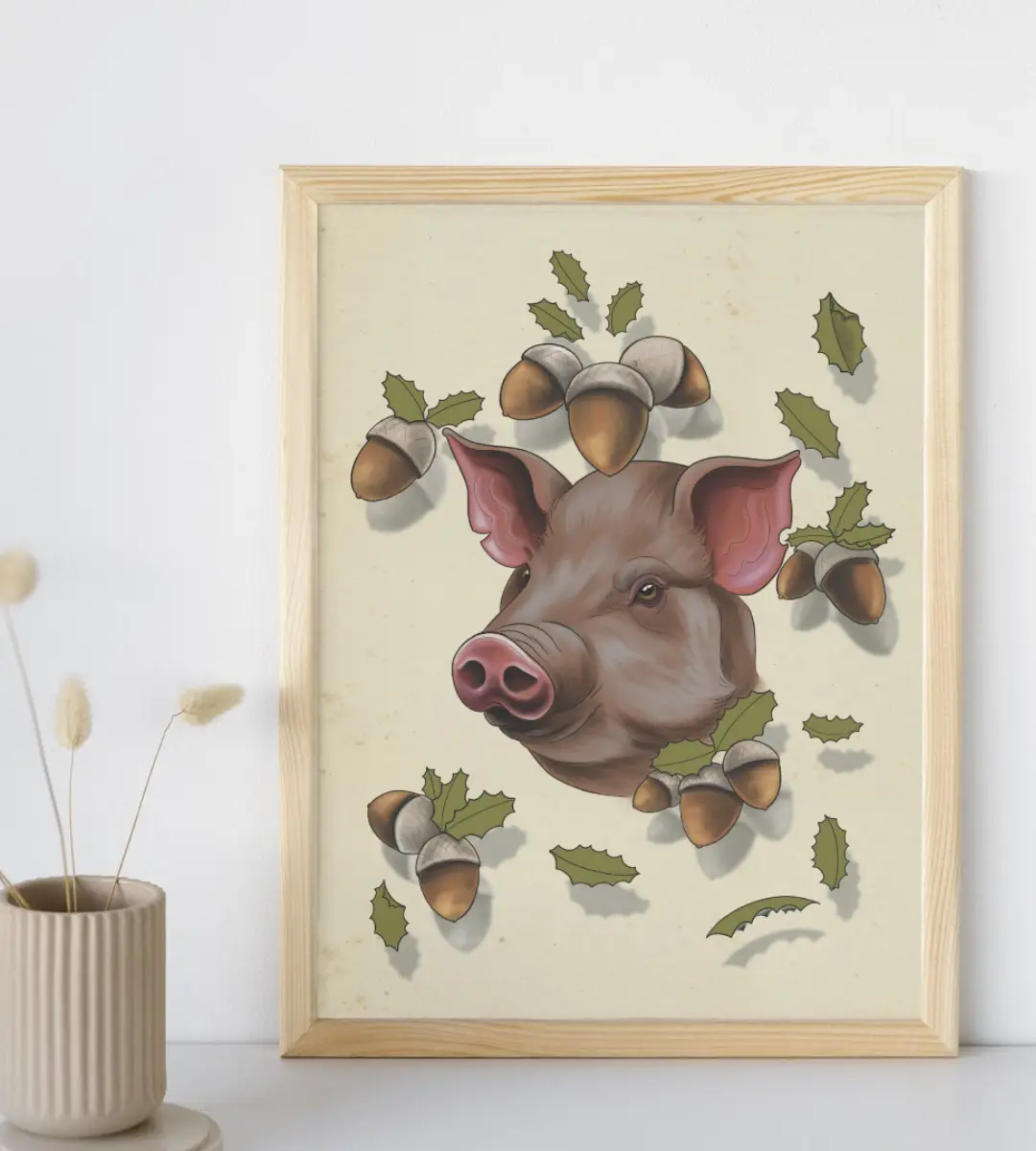 Lámina ilustrada Extremadura tierra de bellotas diseñada por Mijina en vista general sobre fondo neutro, mostrando la escena completa.