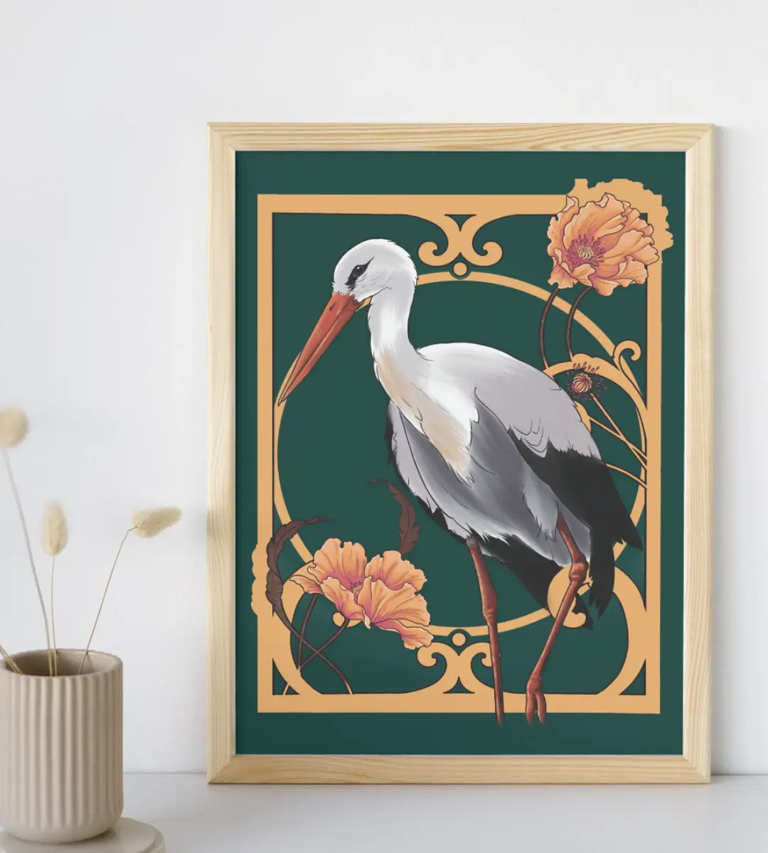 Lámina ilustrada Extremadura tierra de cigüeñas diseñada por Mijina en vista general sobre fondo neutro, mostrando toda la escena.