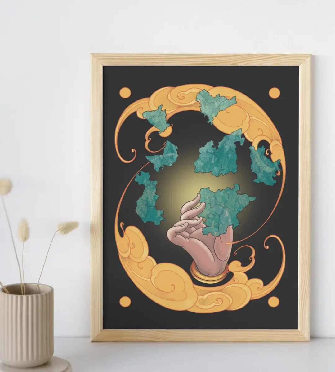 Lámina ilustrada Extremadura tierra de comarcas diseñada por Mijina en vista general sobre fondo neutro, mostrando todas las comarcas.