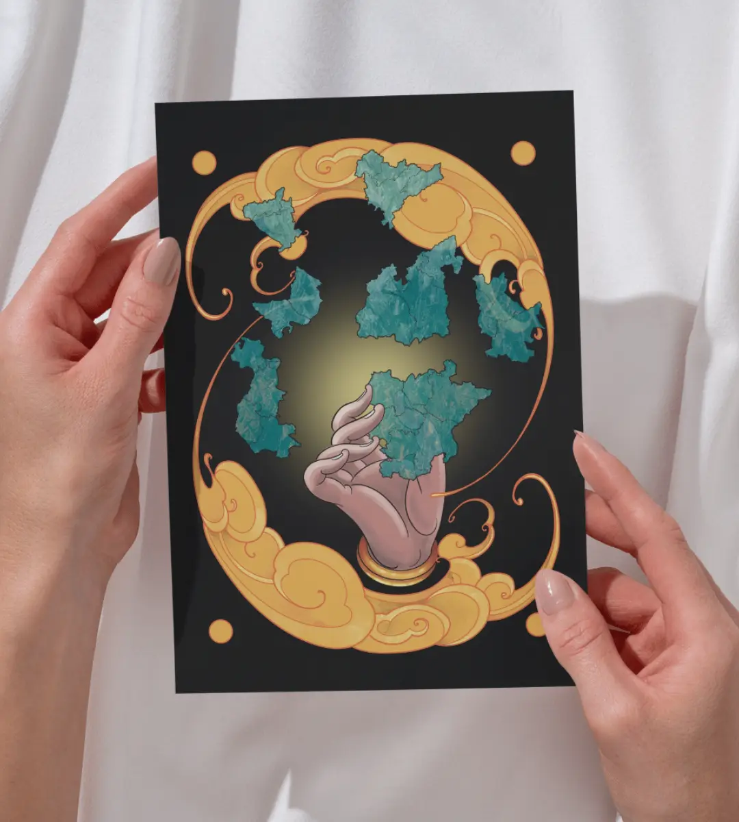 Lámina ilustrada Extremadura tierra de comarcas diseñada por Mijina con detalle ampliado de la ilustración principal y sus zonas.