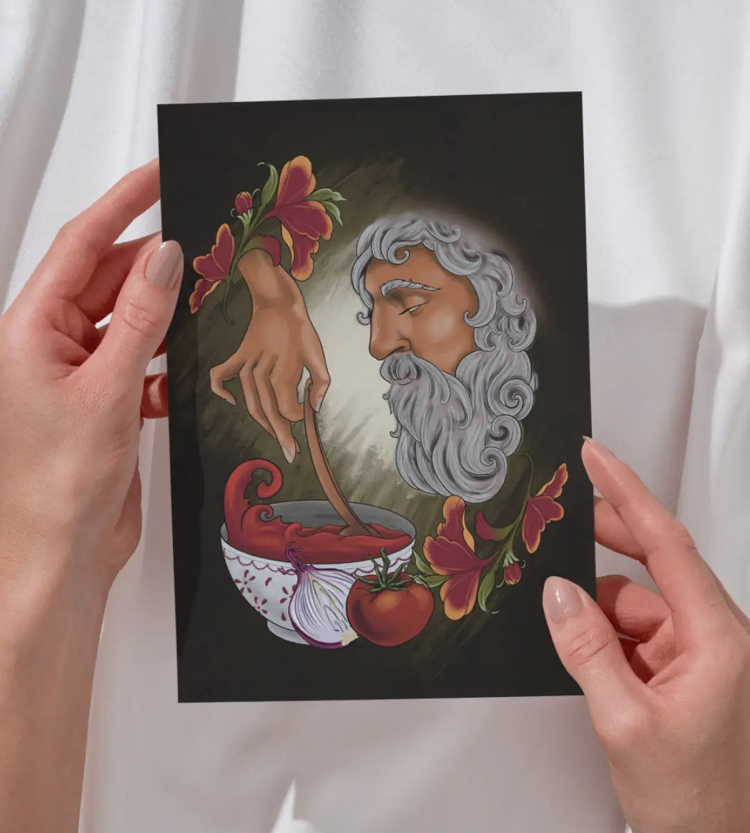 Lámina ilustrada Extremadura tierra de gastronomía diseñada por Mijina con detalle ampliado de la ilustración principal y sus platos.