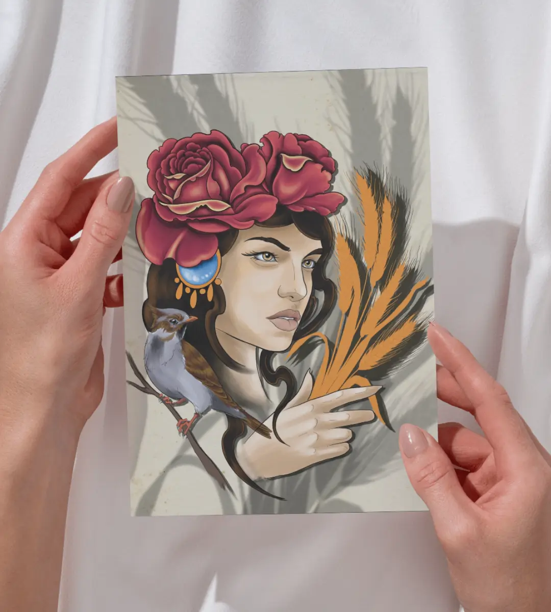 Lámina ilustrada Extremadura tierra de monumentos diseñada por Mijina con detalle ampliado de la ilustración principal y sus edificios.