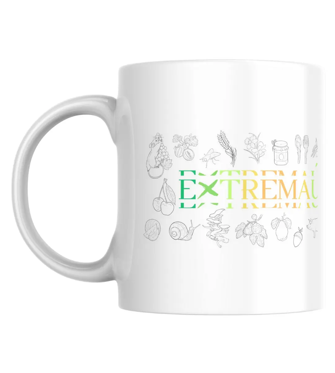 Fotografía de la taza Extremaúra diseñada por Mijina de Extremadura en vista frontal sobre mesa, ideal para quienes aman las expresiones locales.