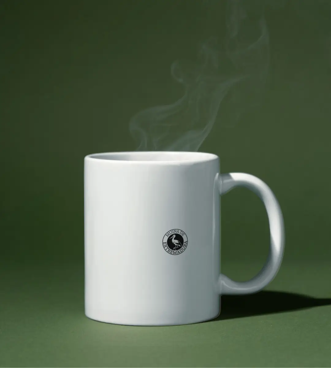 Imagen de la taza con diseño de tren de Mijina de Extremadura en perspectiva, donde se aprecia el recorrido del dibujo alrededor de la pieza.